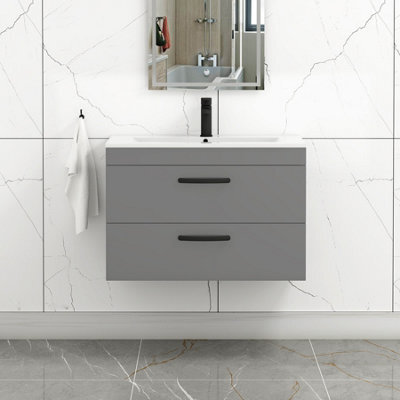 Royal Bathrooms Turin Indigo Grey Gloss 800mm Wall Hung Vanity Unit 2 Drawer With Minimalist Basin Sink & Matt Black Handles - image 1
