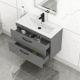 Royal Bathrooms Turin Indigo Grey Gloss 800mm Wall Hung Vanity Unit 2 Drawer With Minimalist Basin Sink & Matt Black Handles - thumbnail 5