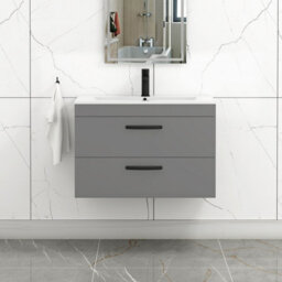 Royal Bathrooms Turin Indigo Grey Gloss 800mm Wall Hung Vanity Unit 2 Drawer With Minimalist Basin Sink & Matt Black Handles