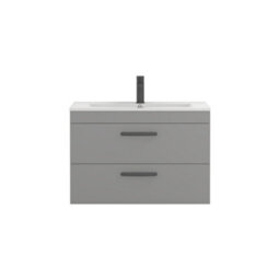 Royal Bathrooms Turin Indigo Grey Gloss 800mm Wall Hung Vanity Unit 2 Drawer With Minimalist Basin Sink & Matt Black Handles - thumbnail 6