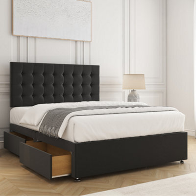 Bsspoke Isla Divan Bed Set In Black Plush Velvet With 24Inch Panel Headboard 4 Drawers & Mattress Double King 4Ft 6Ft - image 1