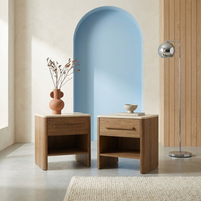 Sweeek - Set Of 2 Bedside Tables With Travertine Effect Top And Wood Decor Walnut 45X38X48 Cm - Aretha - image 1