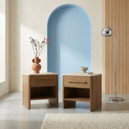 Sweeek - Set Of 2 Bedside Tables With Travertine Effect Top And Wood Decor Walnut 45X38X48 Cm - Aretha - thumbnail 1
