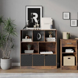 Urbn-Living Urbnliving Asymmetrical 8 Cube Rustic Brown Bookcase Freestanding Storage Unit With 3 Geo Design Doors - Black - thumbnail 4