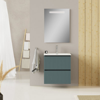 Banyetti Linea Ocean Blue Ribbed Double Drawer Wall Hung Vanity Unit 600mm X 390mm - image 1