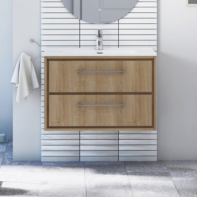 Royal Bathrooms Livora 800mm Natural Oak Wall Hung Bathroom Vanity Unit 2 Drawer Storage Cabinet With Ceramic Basin - image 1