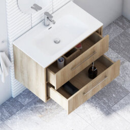 Royal Bathrooms Livora 800mm Natural Oak Wall Hung Bathroom Vanity Unit 2 Drawer Storage Cabinet With Ceramic Basin - thumbnail 4