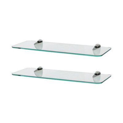 Harbour Housewares 2X Rounded Floating Glass Shelves - 40Cm - Silver Brackets - Bathroom Shower Storage Vanity Display Unit Shelf - image 1