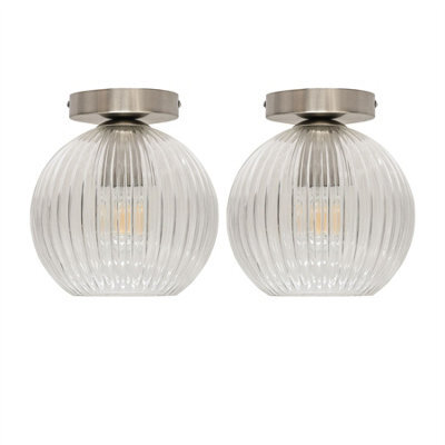 First Choice Lighting Set Of 2 Betchley - Clear Ribbed Glass Satin Nickel Ceiling Lights