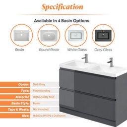 Plum&clay Marvel Gloss Dark Grey Floor Standing Bathroom Vanity Unit With Resin Basin (W)1200mm - thumbnail 4