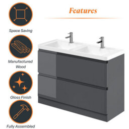 Plum&clay Marvel Gloss Dark Grey Floor Standing Bathroom Vanity Unit With Resin Basin (W)1200mm - thumbnail 5