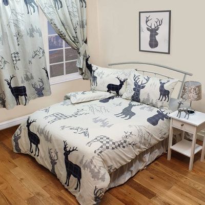 My Home Junior Bed Size Highland Stag Duvet Cover Set Taupe Grey Navy - image 1