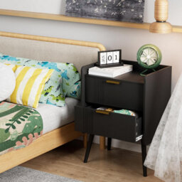 Huhote Sleek Wooden Bedside Table With 2 Drawers And Storage Black 16.3 X 11.8 X 22.8 In Nightstand Bedside Cabinet - thumbnail 4