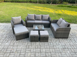 Fimous Rattan Garden Furniture 7 Piece Patio Set With Table Sofa Square Coffee Table Reclining Chair Love Seat Sofa Side - thumbnail 2
