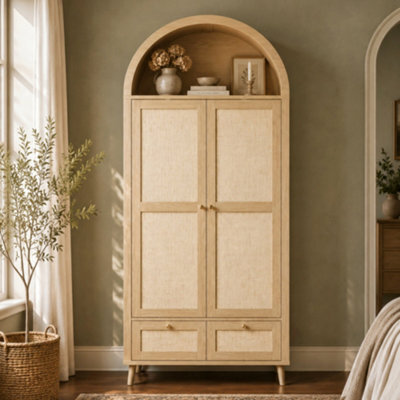 Abrihome Arched Wardrobe 180Cm, 2 Door Double Wardrobe With 2 Drawers, Rattan-Effect, Hanging Rail & Display Shelf, Natural Oak - image 1