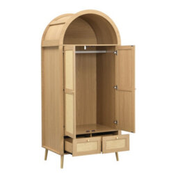 Abrihome Arched Wardrobe 180Cm, 2 Door Double Wardrobe With 2 Drawers, Rattan-Effect, Hanging Rail & Display Shelf, Natural Oak - thumbnail 9
