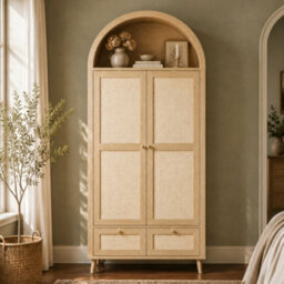 Abrihome Arched Wardrobe 180Cm, 2 Door Double Wardrobe With 2 Drawers, Rattan-Effect, Hanging Rail & Display Shelf, Natural Oak - thumbnail 1