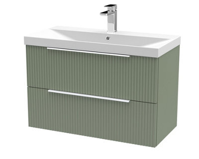 Hudson Reed Fluted Wall Hung 2-Drawer Vanity And Thin-Edge Basin, Contemporary Sink Vanity Unit, Satin Green, 800mm - image 1