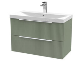 Hudson Reed Fluted Wall Hung 2-Drawer Vanity And Thin-Edge Basin, Contemporary Sink Vanity Unit, Satin Green, 800mm