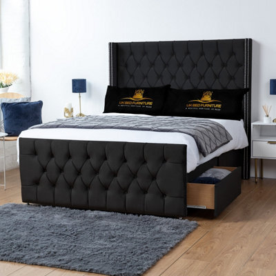 UKBEDFURNITURE Emily Black Plush Wingback Divan Bed With 2 Foot End Drawers & 54 Inch Headboard - image 1
