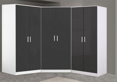 Reflect 3Pc Wardrobe Bundle - 2 Door Corner + 2X 2 Door Plain - Grey Gloss & Matt White - H: 180Cm X W: 179Cm X D: 103Cm - image 1
