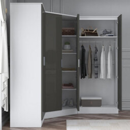 Reflect 3Pc Wardrobe Bundle - 2 Door Corner + 2X 2 Door Plain - Grey Gloss & Matt White - H: 180Cm X W: 179Cm X D: 103Cm - thumbnail 4