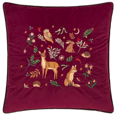 furn. Furn Berry Woods Embroidered Velvet Polyester Filled Cushion, Burgundy, 45 X 45 Cm - image 1