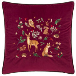 furn. Furn Berry Woods Embroidered Velvet Polyester Filled Cushion, Burgundy, 45 X 45 Cm - thumbnail 1