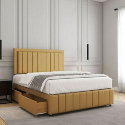 REGIONAL FURNISHINGS Mustard Plush Velvet Divan Bed Set Upholstered 24Inch Headboard & Footboard & 2Drawers Sameside & Mattress In All Sizes - thumbnail 1