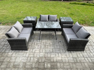Fimous 6 Pcs Outdoor Lounge Sofa Set Wicker Pe Rattan Garden Furniture Set With Rectangular Dining Table Love Seat Sofa - image 1