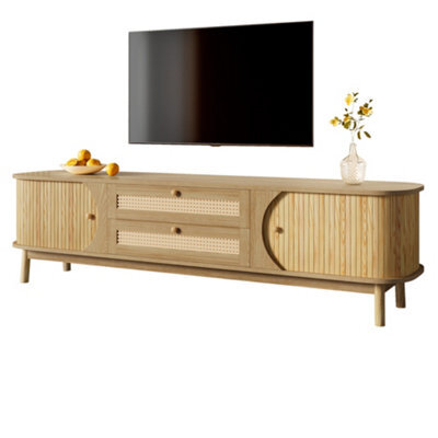 Matteo Natural Rattan & Wood Tv Cabinet, Rustic Tv Stand With Doors & Drawers For Living Room Storage - image 1