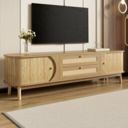 Matteo Natural Rattan & Wood Tv Cabinet, Rustic Tv Stand With Doors & Drawers For Living Room Storage - thumbnail 6