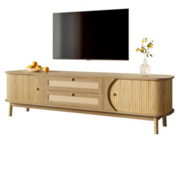 Matteo Natural Rattan & Wood Tv Cabinet, Rustic Tv Stand With Doors & Drawers For Living Room Storage