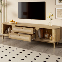 Matteo Natural Rattan & Wood Tv Cabinet, Rustic Tv Stand With Doors & Drawers For Living Room Storage - thumbnail 3