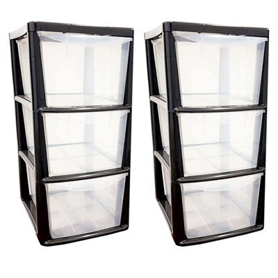 Pluto Packaging 2 X Black Frame Modular Multipurpose Home Office Plastic 3 Drawer Storage Units - image 1