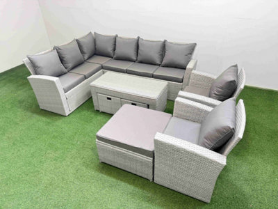 Fimous Rattan Garden Furniture Set Outdoor 11 Seater Corner Sofa Sets With Oblong Coffee Table Chair 3 Footstools Light Grey Mixed - image 1