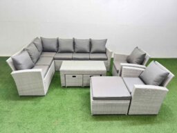 Fimous Rattan Garden Furniture Set Outdoor 11 Seater Corner Sofa Sets With Oblong Coffee Table Chair 3 Footstools Light Grey Mixed - thumbnail 2