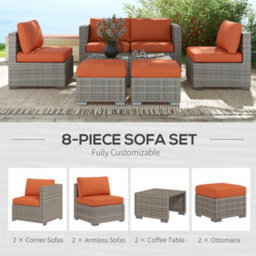 Outsunny 8Pc Outdoor Patio Furniture Set Weather Wicker Rattan Sofa Chair Orange - thumbnail 4