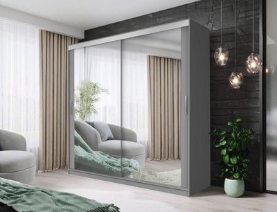 Fhif Dubai Tokyo 203Cm Grey Sliding Door Wardrobe Modern Bedroom Storage With Full Length Mirror Shelves And Hanging Rails - image 1