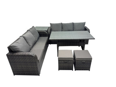 Fimous 8 Seat Outdoor Wicker Pe Rattan Garden Furniture Set Dining Table Sofa Set With Side Table 2 Small Stools Dark Grey Mixed - image 1