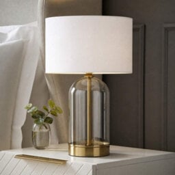 Valuelights Jessy White Fabric Drum Shade Gold Trim Glass Table Lamp - thumbnail 1