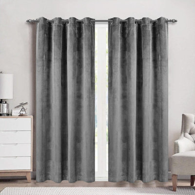 Moonlight Bedding Velvet Ring Top Curtains- Fully Lined Dim Out Blackout Pair, Ultra Soft Thermal Curtains (Grey, 66 X 72 Inch) - image 1