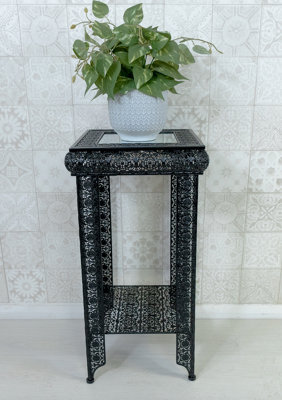 Downton Interiors Black Embossed Metal Mirrored Glass Side Table With Shelf - image 1