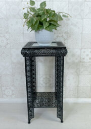 Downton Interiors Black Embossed Metal Mirrored Glass Side Table With Shelf - thumbnail 1