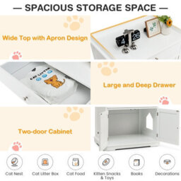 Costway Cat Litter Box Enclosure Hidden Cat Washroom Furniture W/ Drawer Doors - thumbnail 6