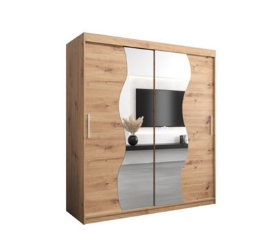 Arte Madrid Contemporary 2 Mirrored Sliding Door Wardrobe 9 Shelves 2 Rails Oak Artisan Effect (H)2000mm (W)1800mm (D)620mm - image 1