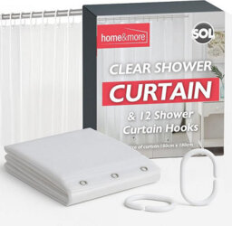 SOL 1Pk Clear Shower Curtain With 12 Hooks 180Cm X 180Cm Plastic Bath Cover Liner Rust Proof Grommets Anti Mould Stain Resistant Water