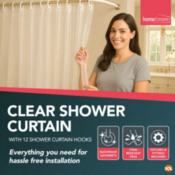 SOL 1Pk Clear Shower Curtain With 12 Hooks 180Cm X 180Cm Plastic Bath Cover Liner Rust Proof Grommets Anti Mould Stain Resistant Water - thumbnail 3