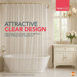 SOL 1Pk Clear Shower Curtain With 12 Hooks 180Cm X 180Cm Plastic Bath Cover Liner Rust Proof Grommets Anti Mould Stain Resistant Water - thumbnail 4