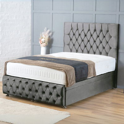 Bsspoke Chesterfield Ottoman Divan Bed End Lift Up Storage Base Grey Plush With Mattress & 54Inch Headboard & Footboard All Sizes - image 1